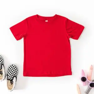 Red t-shirt flat lay with checkerboard shoes