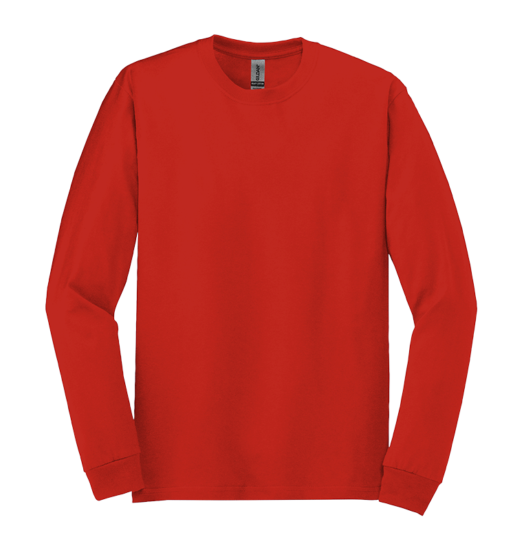 Red long-sleeve crewneck shirt on black